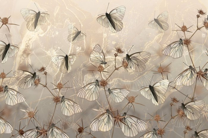 Fotobehang Moderne Abstraktion Schmetterlinge und wilde Feldpflanzen auf strukturiertem Hintergrund