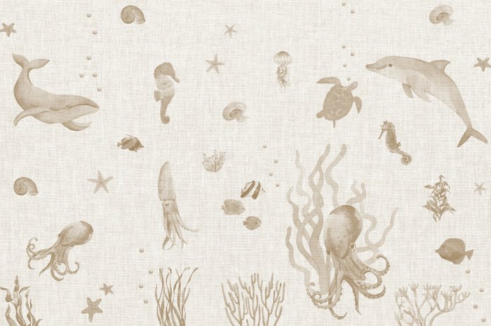 Fotobehang Fische und Tiere zwischen Pflanzen Unterwasserwelt minimalistisches Muster für Kinder