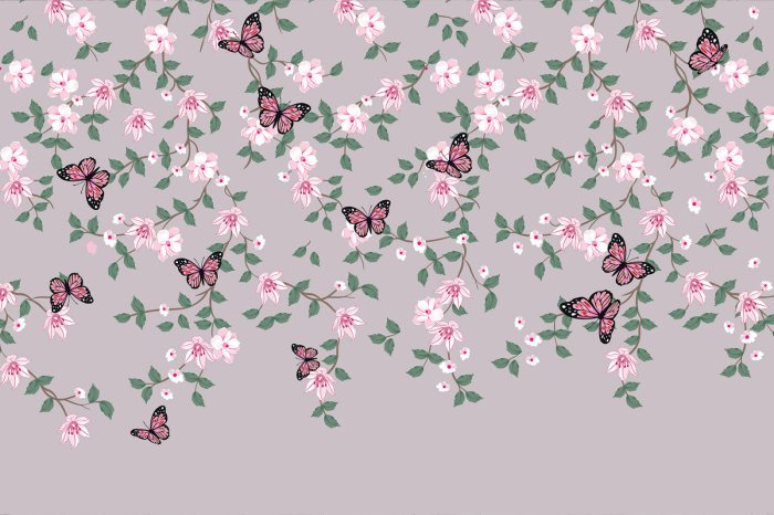 Fotobehang Botanisches Motiv mit rosa Schmetterlingen und Blumen mit Blättern in Grüntönen