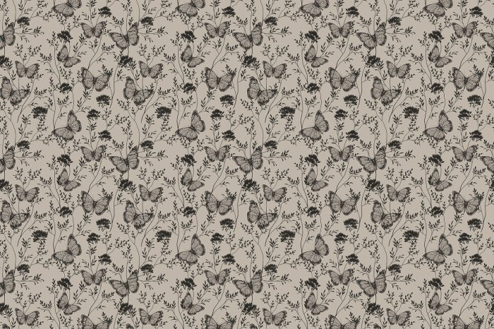 Fotobehang Schmetterlinge unter Wildblumen, monochromatisches Retro-Botanisches Muster