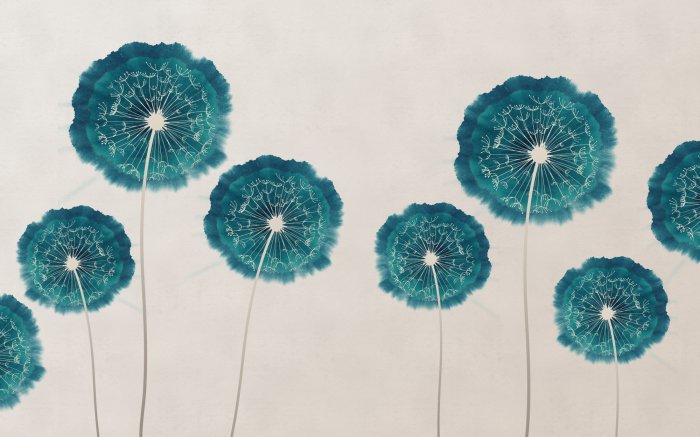 Fotobehang Türkisfarbene Löwenzahnblumen im Aquarellstil, abstraktes botanisches Muster