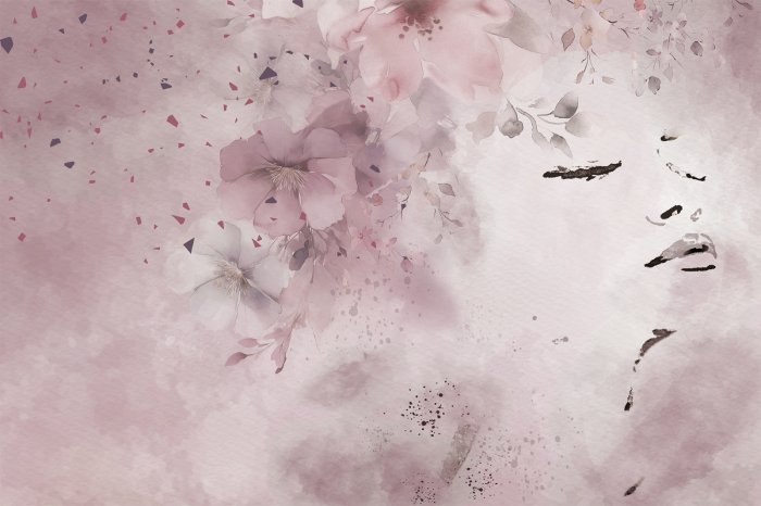 Fotobehang Romantisches Porträt einer Frau, umgeben von Aquarellblumen in zartem Rosa