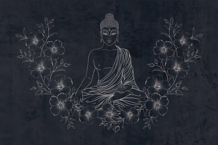 Fotobehang Vreedzame Boeddha tussen bloemen artistieke textuur achtergrond