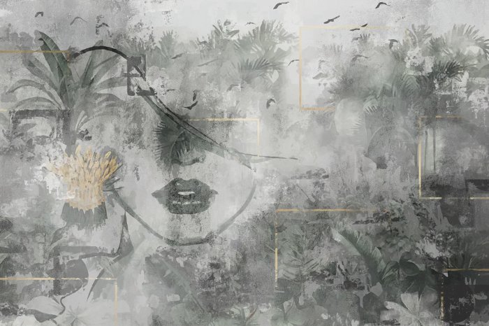 Fotobehang Portret van een vrouw in abstracte stijl met tropische planten tegen een betonnen achtergrond.