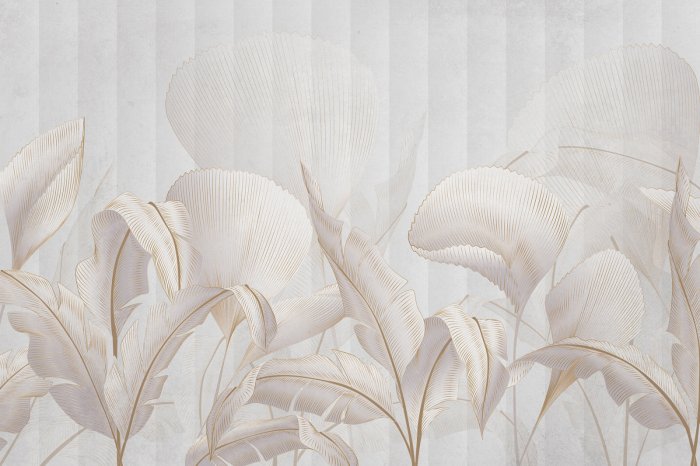 Fotobehang Heldere bladeren met een delicate gouden omtrek op een grijze achtergrond