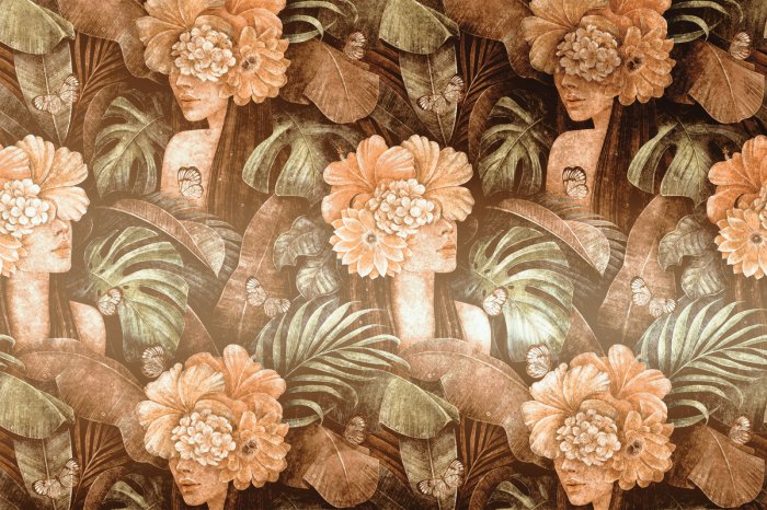 Fotobehang Vintage vrouw met bloemenkroon en tropische bladeren