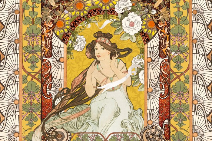 Fotobehang Artistiek beeld van een portret van een vrouw geïnspireerd door Alfons Mucha