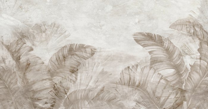 Fotobehang Tropische bananenbladeren in aquarelstijl op een betonnen achtergrond.