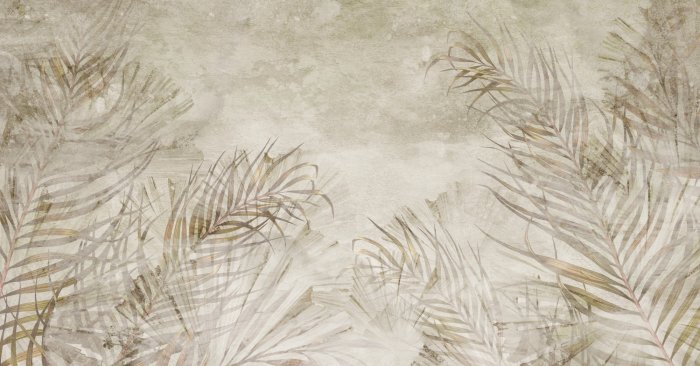 Fotobehang Tropische palmbladeren op een beige betonnen achtergrond, boho-stijl