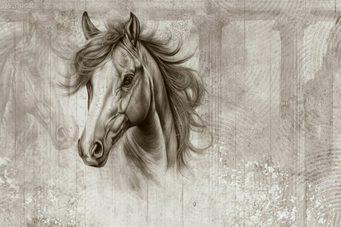 Fotobehang Een cartoonportret van een paardenkop op een muur met zuilen