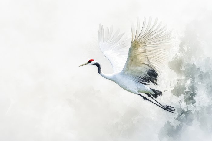 Fotobehang Een kraanvogel in vlucht tegen een aquarelachtergrond