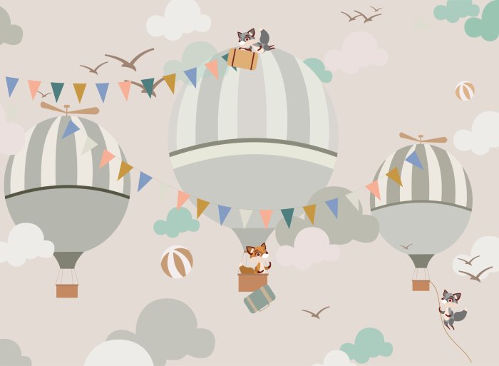 Fotobehang Vossen en dieren met ballonnen tegen een pastelkleurige luchtachtergrond