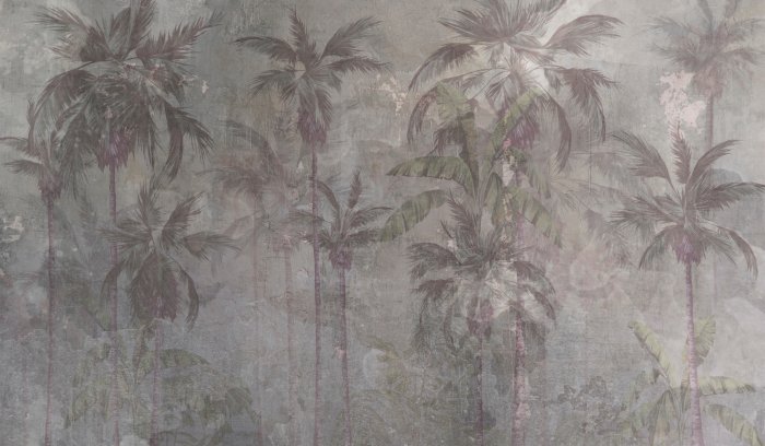 Fotobehang Palmbomen op een betonnen achtergrond, industrieel landschap