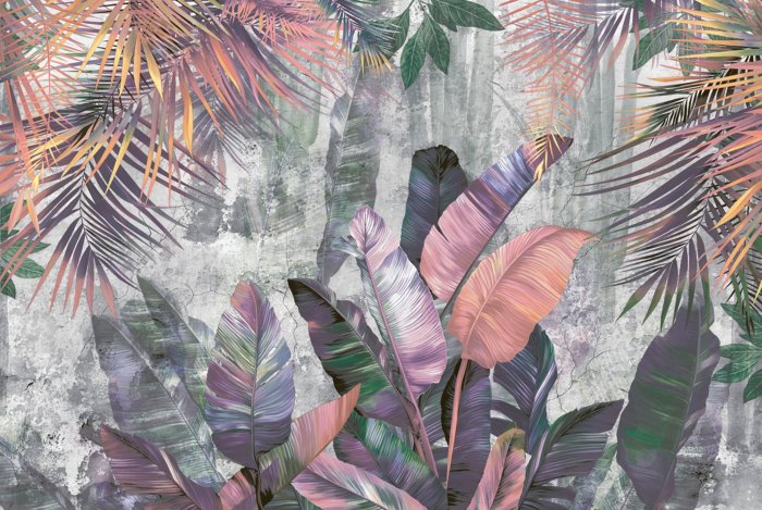 Fotobehang Kleurrijke palm- en bananenbladeren op een betonnen achtergrond