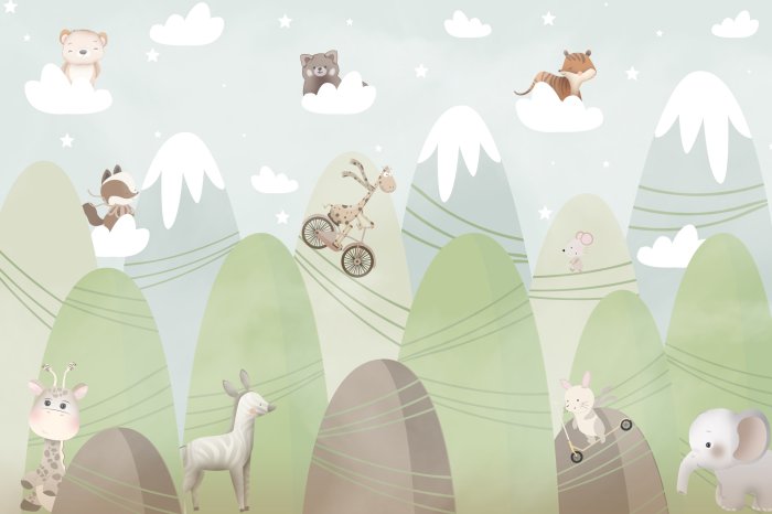 Fotobehang Landschap met bergen, dieren op wolken, sprookjesachtig landschap