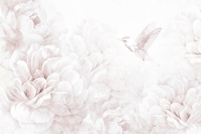 Fotobehang Kolibrie tussen pastelkleurige pioenrozen