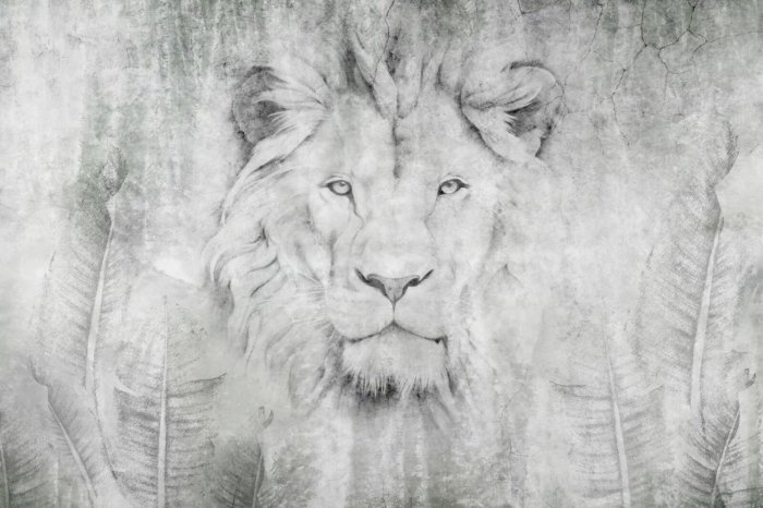 Fotobehang Portret van een leeuw tussen bladeren aan de muur