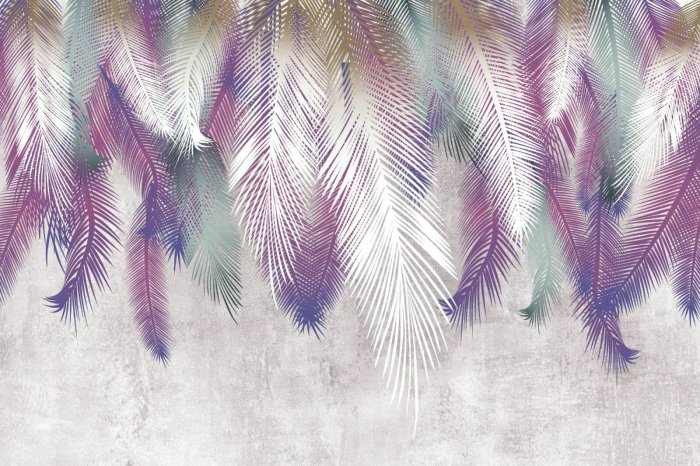 Fotobehang Kleurrijke veren op een betonnen muur