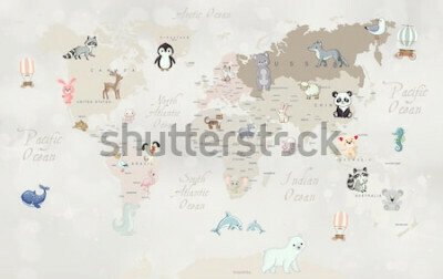 Fotobehang Beige wereldkaart met dieren