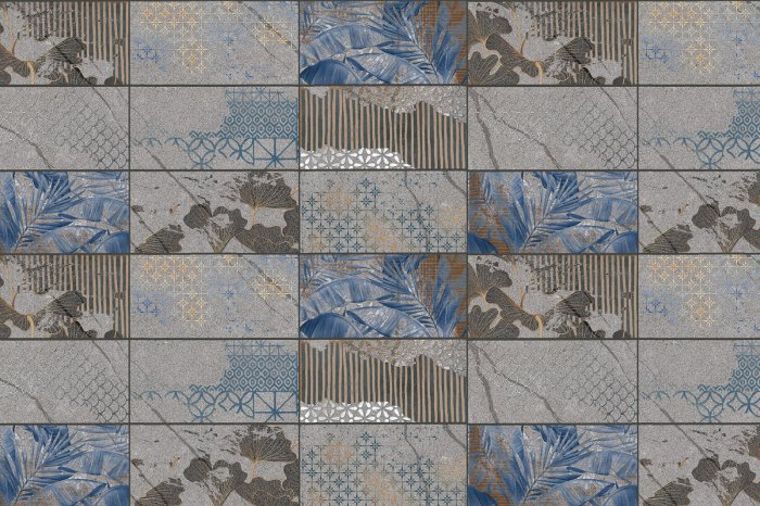 Fotobehang Donkere tegels met plantenmotief