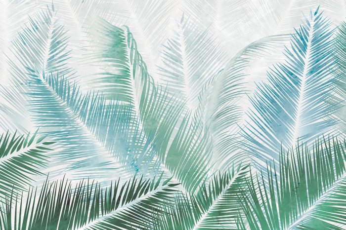 Fotobehang Botanisch patroon van blauwe en groene palmbladeren