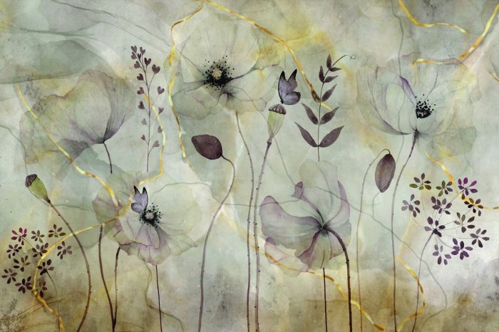 Fotobehang Delicate wilde klaprozen met gouden decoratie