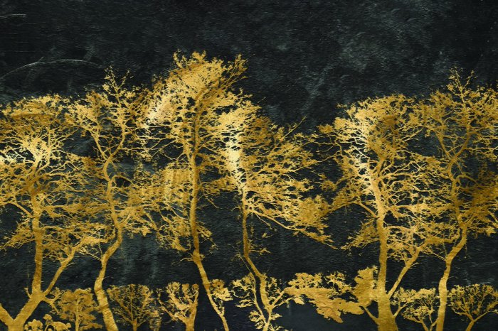 Fotobehang Versierde gouden bomen op een zwarte muur