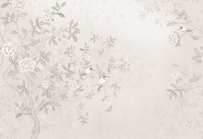 Fotobehang Vogels op de takken van bloeiende bomen in vintage stijl