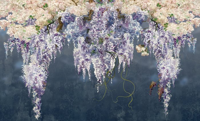Fotobehang Blauweregenbloemen op een marineblauwe achtergrond met een betonnen textuur