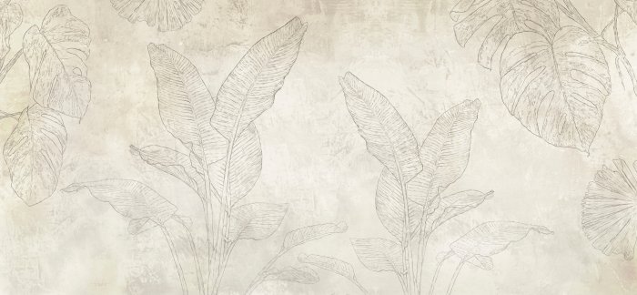 Fotobehang Delicate schetsstijl van bananen- en monsterabladeren op een betonnen achtergrond