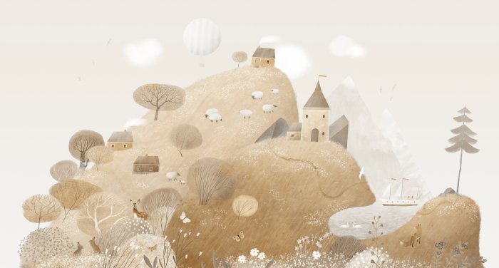 Fotobehang Sprookjeslandschap met dieren op een open plek en een huis op een heuvel, kinderpatroon