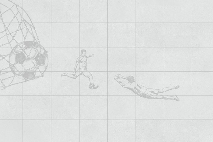 Fotobehang Voetbal in het net en voetballers op een gestructureerde achtergrond