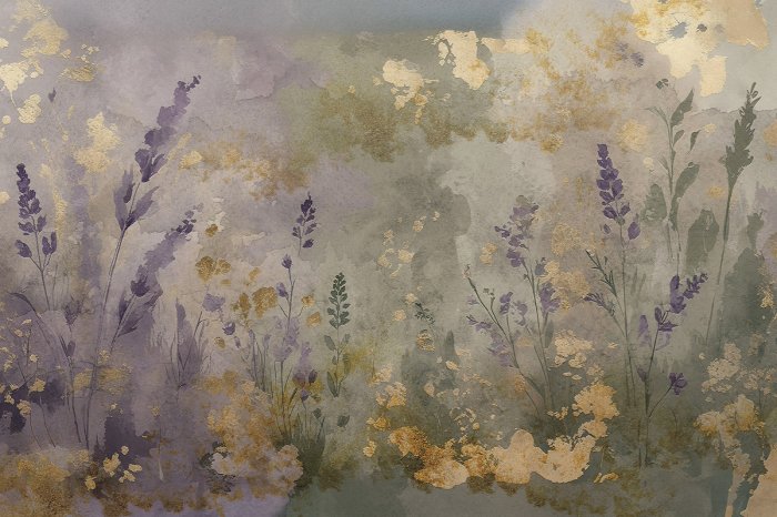 Fotobehang Lavendelveld met gouden versieringen