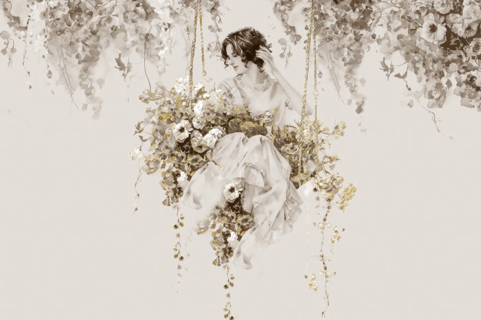 Fotobehang Vrouw op een schommel tussen bloemen