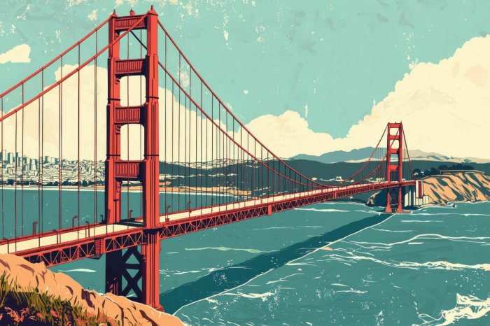 Fotobehang Illustratie van de Golden Gate Bridge over de baai van San Francisco
