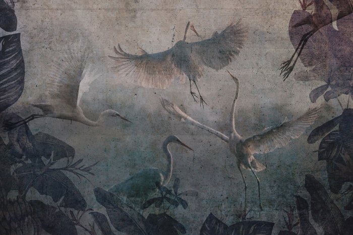 Fotobehang Vliegende kraanvogels en tropische bladeren