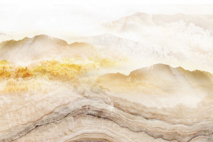 Fotobehang Beige marmeren bergen in de mist