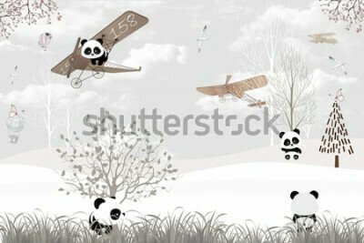 Fotobehang Beige illustratie met panda&#39;s en vliegtuigen