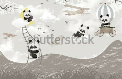 Fotobehang Panda&#39;s in de lucht met wolken en vliegtuigen op de achtergrond