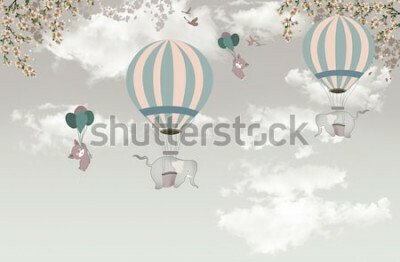 Fotobehang Olifanten in ballonnen in de lucht