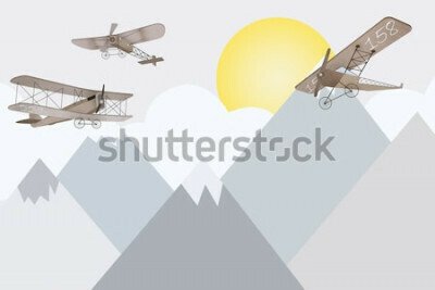 Fotobehang Sprookjesachtige dubbeldekkers vliegen over de bergen