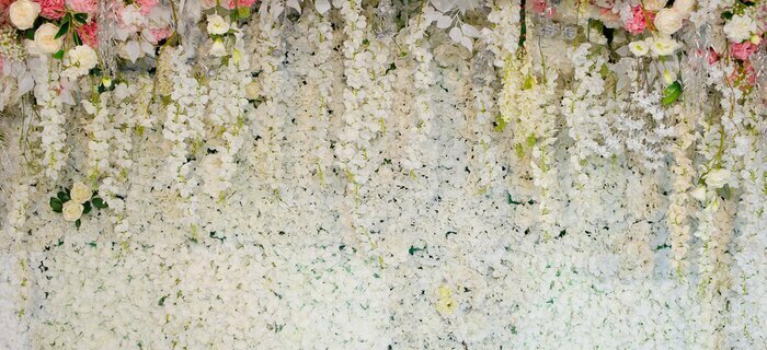 Fotobehang Wand mit weißen Blumen