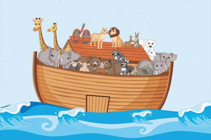 Fotobehang Een boot met dieren op de golven van de zee