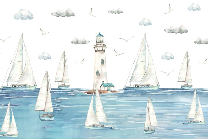 Fotobehang Zeilschepen varen op zee met een vuurtoren op de achtergrond