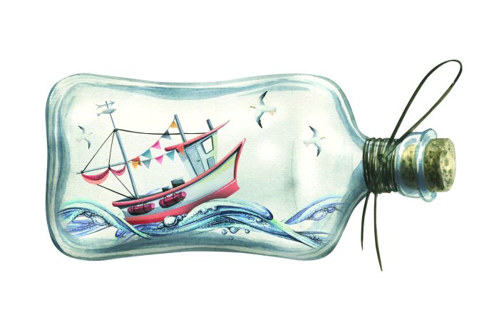 Fotobehang Een miniatuur zeilschip in een glazen fles