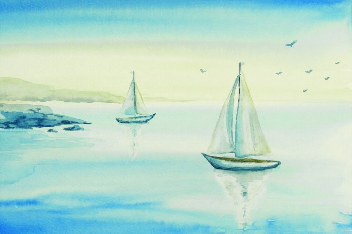 Fotobehang Schilderachtig meerlandschap met zeilboten en vogels