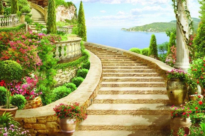 Fotobehang Een landschap van eeuwenoude trappen in harmonie met de natuur