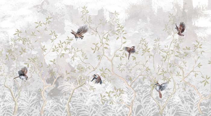 Fotobehang Vögel auf Baumzweigen, Betonhintergrund