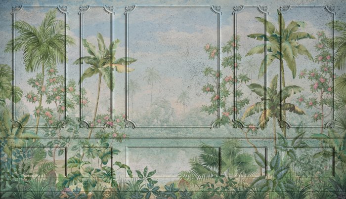 Fotobehang Tropisch landschap van palmbomen tegen een stucwerkachtergrond