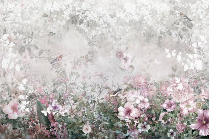 Fotobehang Pastelkleurige bloemen, vogels en vlinders